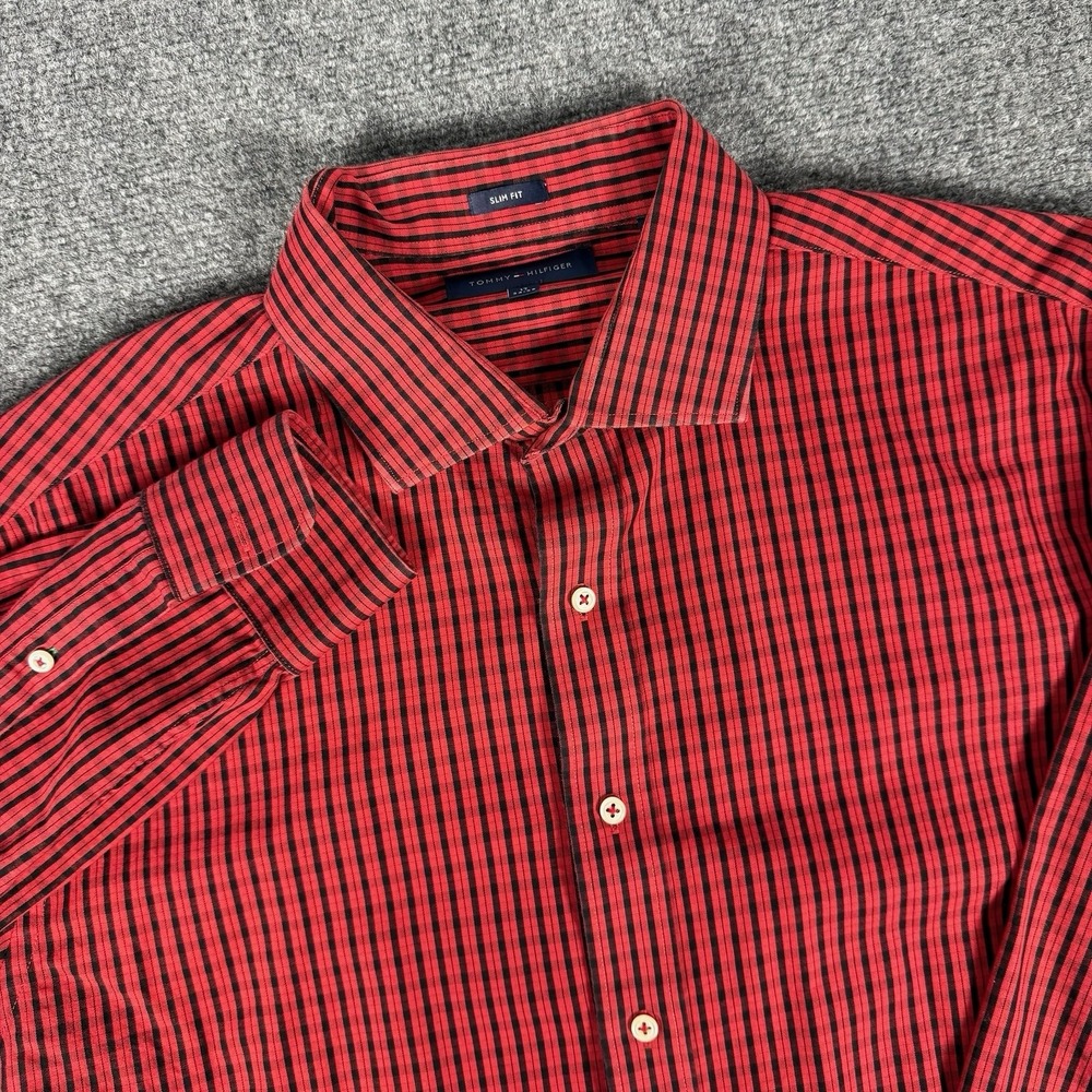 Tommy Hilfiger Shirt Men 17 34/35 Red Black Casual Button Down Slim Fit Plaid
